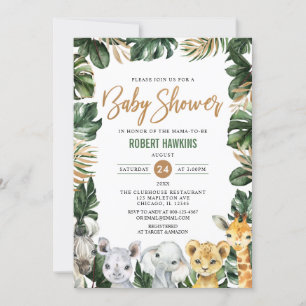 Greenery Gold Jungle Animals Safari Baby Shower In Invitation