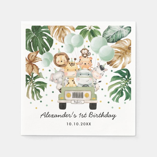 Greenery Gold Jungle Safari Animals Wild Birthday  Napkin (Front)