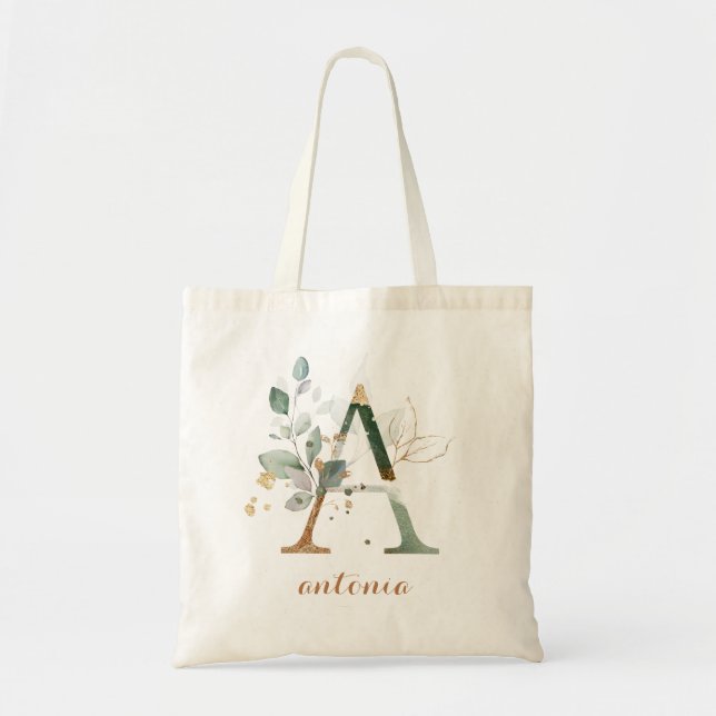 Greenery Gold Leaf Foliage Personalised Letter "A" Tote Bag (Front)