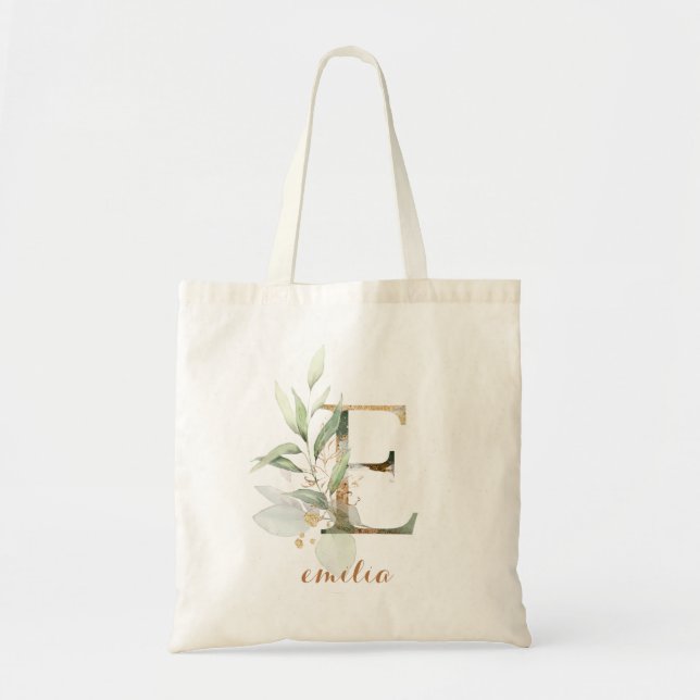Greenery Gold Leaf Foliage Personalised Letter "E" Tote Bag (Front)