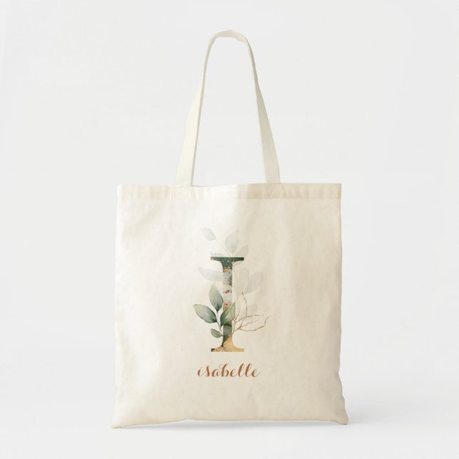 Greenery Gold Leaf Foliage Personalised Letter "I" Tote Bag (Front)