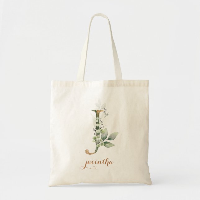 Greenery Gold Leaf Foliage Personalised Letter "J" Tote Bag (Front)