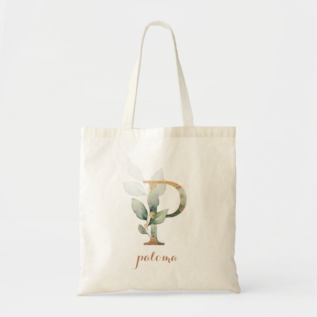 Greenery Gold Leaf Foliage Personalised Letter "P" Tote Bag (Front)