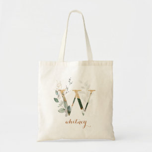 Greenery Gold Leaf Foliage Personalised Letter "W" Tote Bag