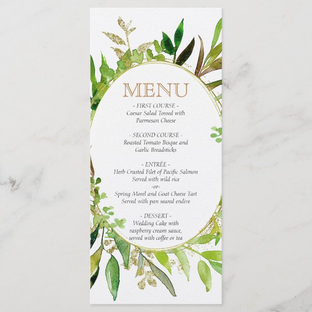 Greenery & Gold Leaf Framed Leaves Wedding Menu (Front)