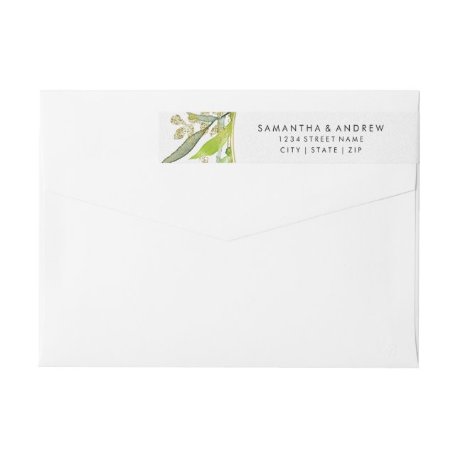 Greenery & Gold Leaf Framed Watercolor Wedding Wrap Around Label (Back)