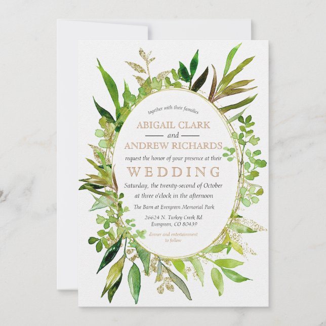 Greenery & Gold Leaf Framed Wedding Invitation (Front)