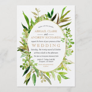 Greenery & Gold Leaf Framed Wedding Invitation