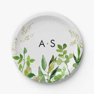 Greenery & Gold Leaf Framed Wedding Monogram Paper Plate