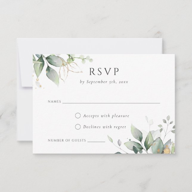 Greenery Gold Leaf Watercolor Foliage Modern RSVP Invitation (Front)