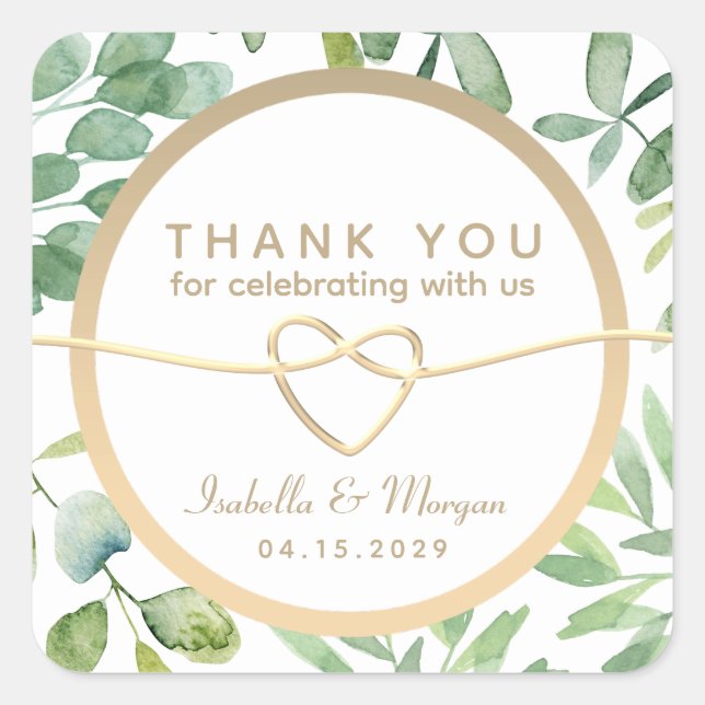 Greenery Gold Leaves Botanical Wedding Thank You Square Sticker (Front)
