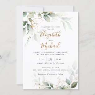 Greenery Gold Leaves Branch Watercolor Wedding Invitation