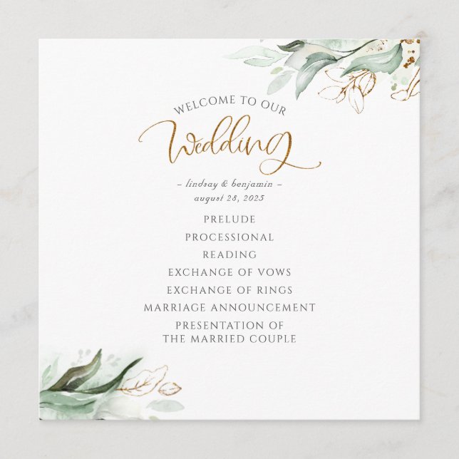 Greenery Gold Leaves Elegant Wedding Program Programme (Front)