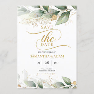 Greenery gold leaves eucalyptus save the date invitation