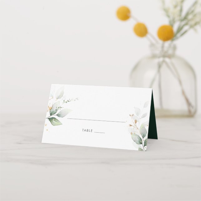 Greenery Gold Leaves Foliage Elegant Watercolor Place Card (Front)