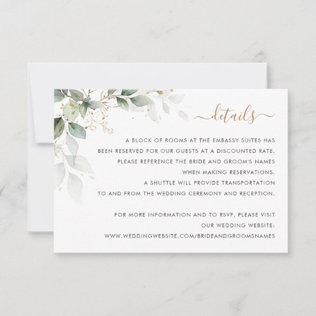 Greenery Gold Leaves Foliage Watercolor Details Invitation (Front)