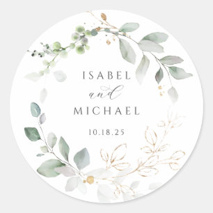 Greenery Gold Leaves Foliage Wreath Classic Round Sticker