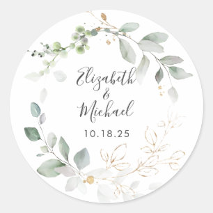 Greenery Gold Leaves Foliage Wreath Classic Round Sticker