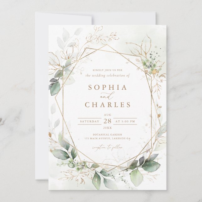 Greenery Gold Leaves Geometric Wedding Invitation (Front)