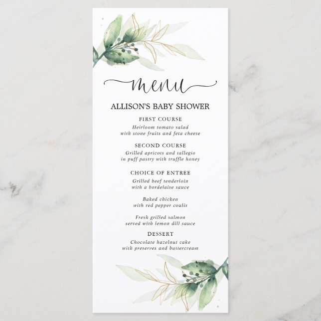 Greenery gold leaves simple modern shower menu (Front)