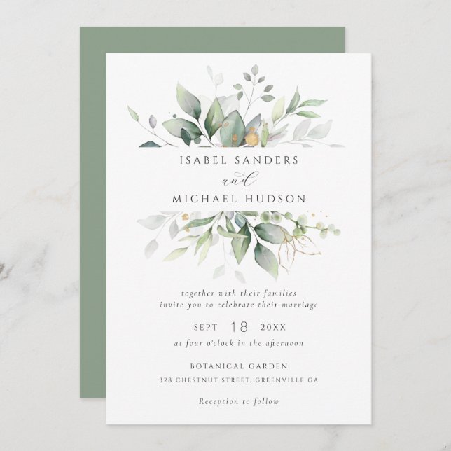 Greenery Gold Leaves Watercolor Foliage Modern Invitation (Front/Back)
