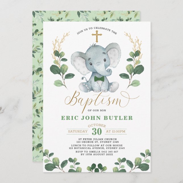 Greenery Gold Little Man Elephant Bowtie Baptism Invitation (Front/Back)