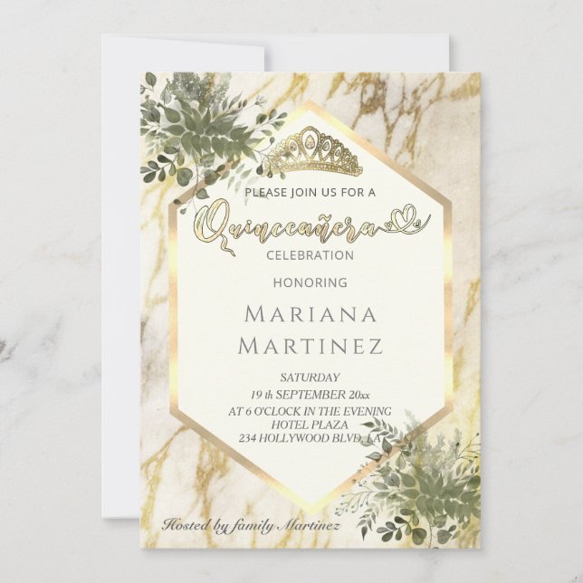 Greenery Gold marble geometrical  Quinceañera Invitation (Front)
