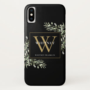 Greenery Gold Monogram Elegant Modern Black iPhone X Case