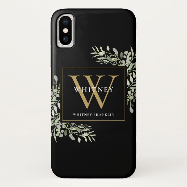 Greenery Gold Monogram Elegant Modern Black Case-Mate iPhone Case (Back)