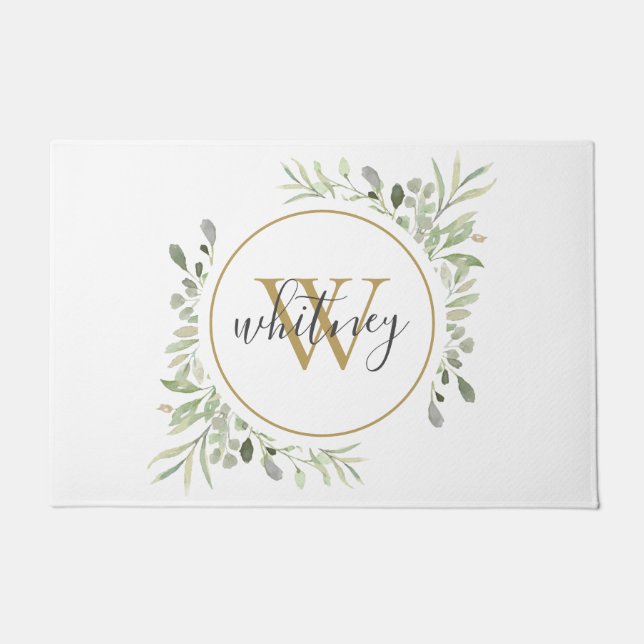 Greenery Gold Monogram Girly Script Doormat (Front)