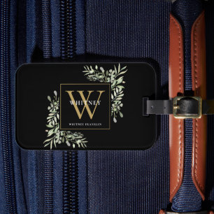 Greenery Gold Monogram Modern Black Luggage Tag