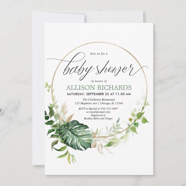 Greenery gold monstera tropical leaves baby shower invitation (Front)