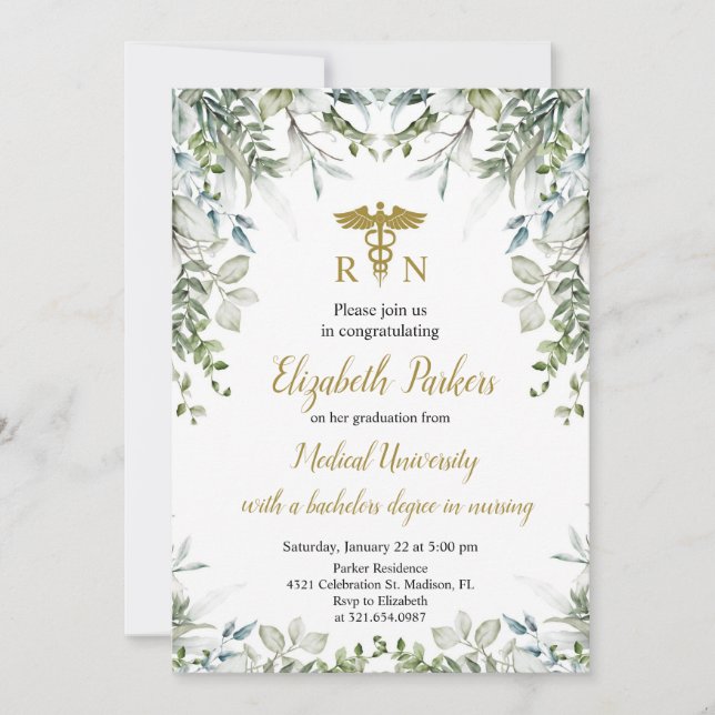 Greenery Gold Nursing Graduation Party Invitation (Front)