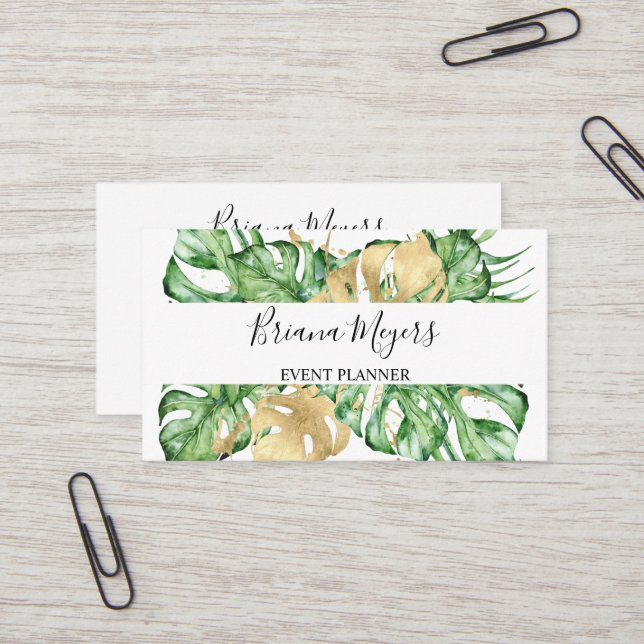 Greenery Gold  Palm Leaves Tropical Business Card (Front/Back In Situ)