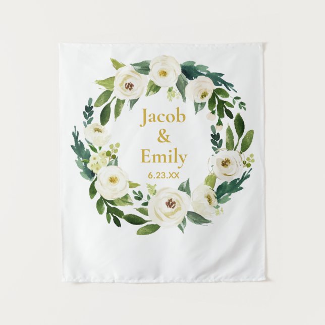 Greenery Gold Personalised Wedding Photo Backdrop Tapestry (Front)