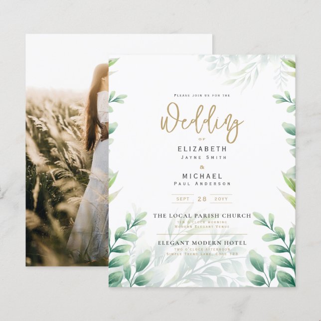 Greenery Gold PHOTO Wedding Invite BUDGET (Front/Back)