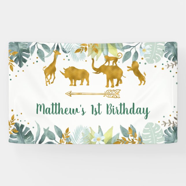 Greenery Gold Safari Animal Birthday Banner (Horizontal)
