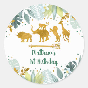 Greenery Gold Safari Animal Birthday Classic Round Sticker