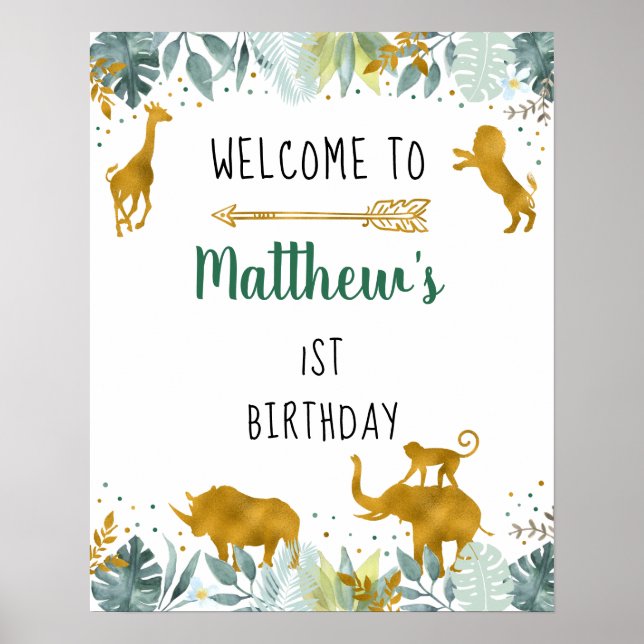 Greenery Gold Safari Animal Birthday Welcome Poster (Front)