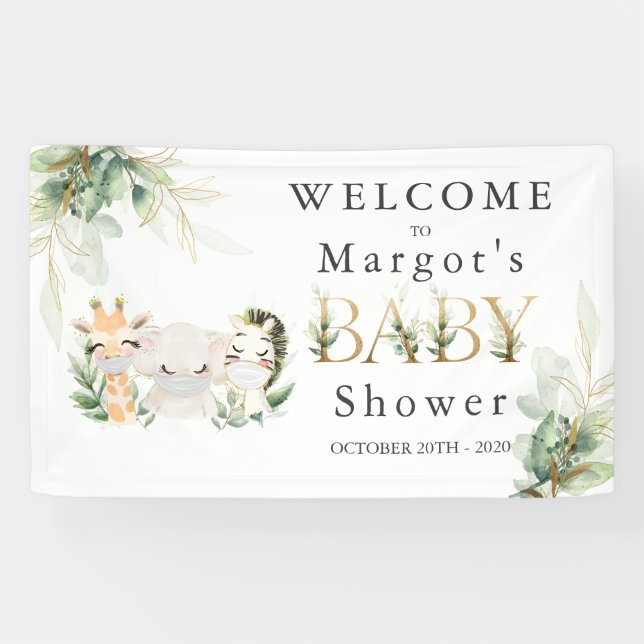 Greenery Gold Safari Animal Drive By Baby Shower Banner (Horizontal)