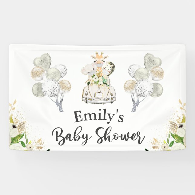 Greenery Gold Safari Animals Drive By Baby Shower Banner (Horizontal)
