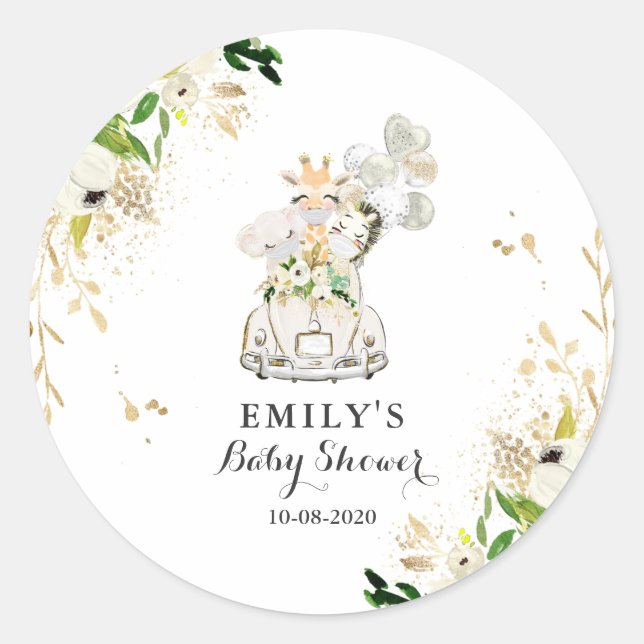 Greenery Gold Safari Animals Drive By Baby Shower Classic Round Sticker (Front)