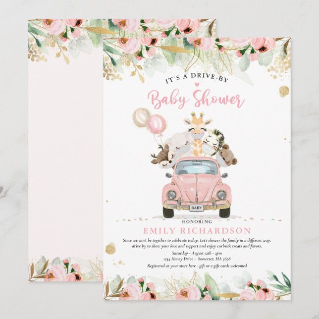 Greenery Gold Safari Animals Drive By Baby Shower Invitation (Front/Back)