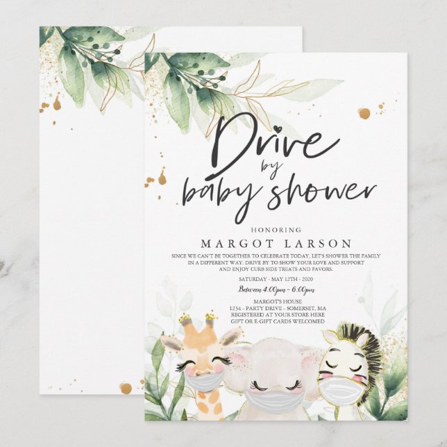 Greenery Gold Safari Animals Drive By Baby Shower Invitation (Front/Back)