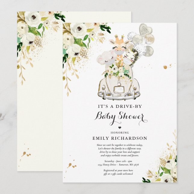 Greenery Gold Safari Animals Drive By Baby Shower Invitation (Front/Back)