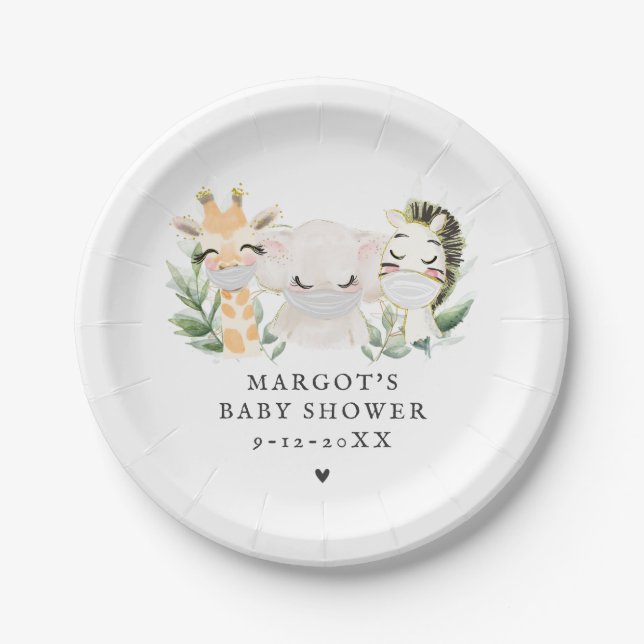 Greenery Gold Safari Animals Drive By Baby Shower Paper Plate (Front)