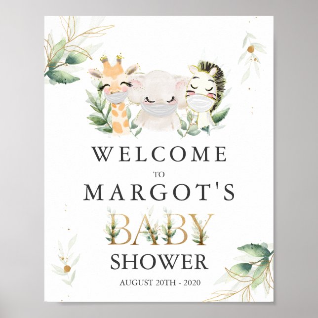 Greenery Gold Safari Animals Drive By Baby Shower Poster (Front)
