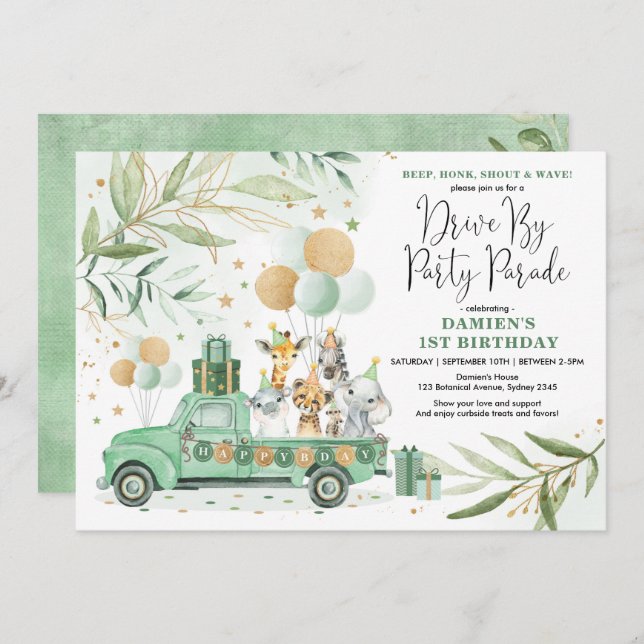 Greenery Gold Safari Drive By Birthday Parade Invitation (Front/Back)