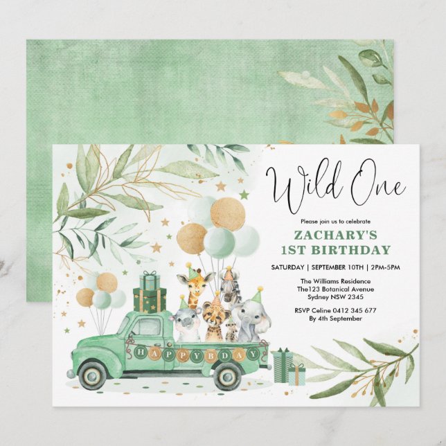 Greenery Gold Safari Wild Animals 1st Birthday Invitation (Front/Back)