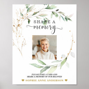 Greenery Gold Share a Memory Funeral Card Sign